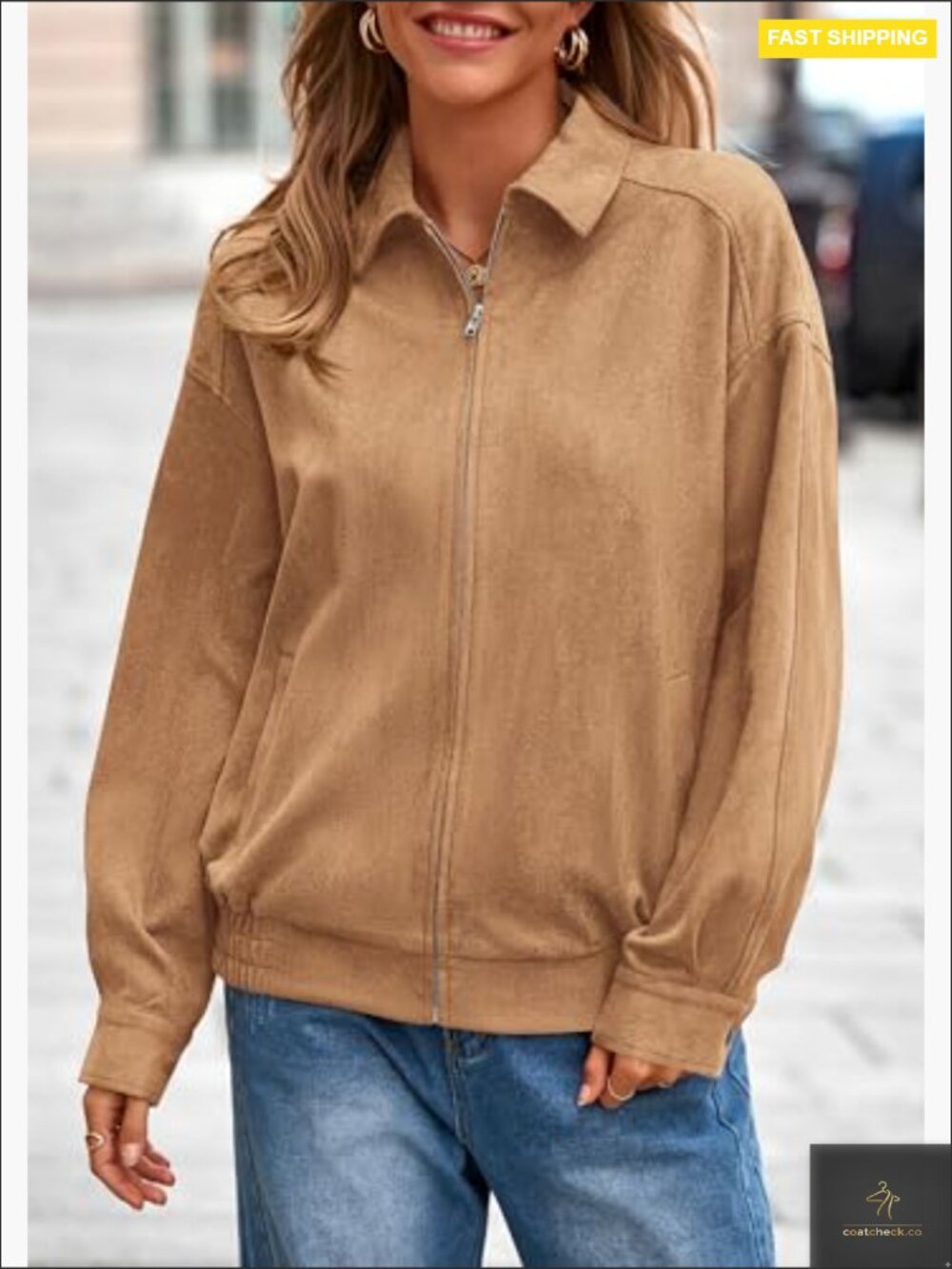 Oversized Faux Suede Bomber Jacket Aviator Style Zip Up Relaxed Fit - Picture 4 of 7